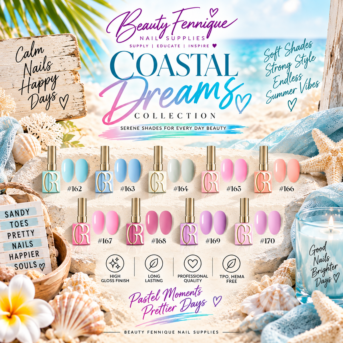 A promotional collage for the Beauty Fennie Nail Supplies Coastal Dreams Collection, showing multiple pastel nail polish bottles and color swatches arranged on a beach-themed background with sand, shells, a starfish, and a glass jar.