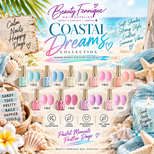 A promotional collage for the Beauty Fennie Nail Supplies Coastal Dreams Collection, showing multiple pastel nail polish bottles and color swatches arranged on a beach-themed background with sand, shells, a starfish, and a glass jar.