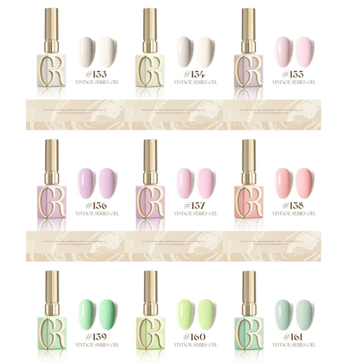 A 9-pack display of VINTAGE FIBER-GEL gel nail polish bottles arranged in a 3x3 grid, showing 9 different pastel shades (#153 to #161) with corresponding nail swatches. The bottles feature a white and gold body with a prominent GR monogram logo, and are set against a clean white background with decorative beige bands.