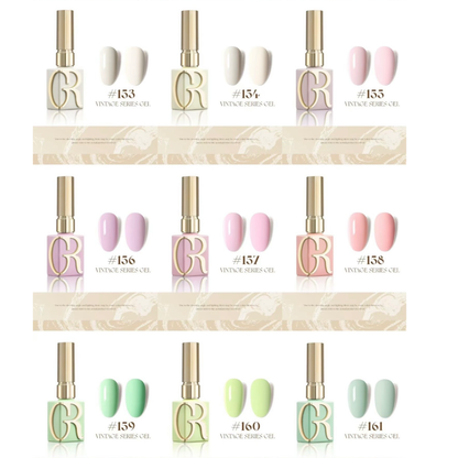 A 9-pack display of VINTAGE FIBER-GEL gel nail polish bottles arranged in a 3x3 grid, showing 9 different pastel shades (#153 to #161) with corresponding nail swatches. The bottles feature a white and gold body with a prominent GR monogram logo, and are set against a clean white background with decorative beige bands.