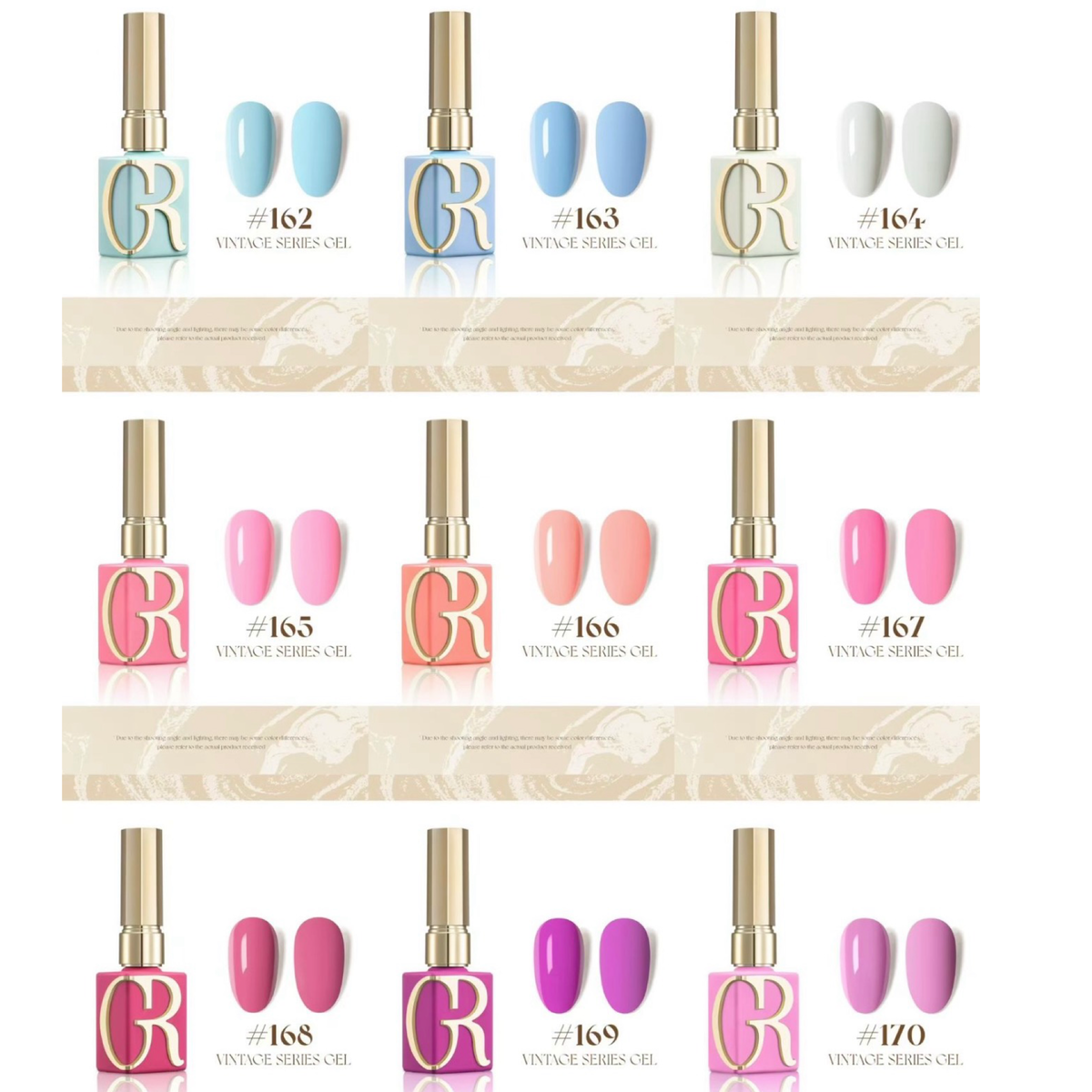 A catalog-style sheet showing 15 gel nail polish bottles with gold caps and matching nail color swatches, arranged in three rows. The bottles feature a large gold 'GR' logo on a pastel background, and the swatches show shades ranging from pale blue and white to pink, peach, magenta, and purple.
