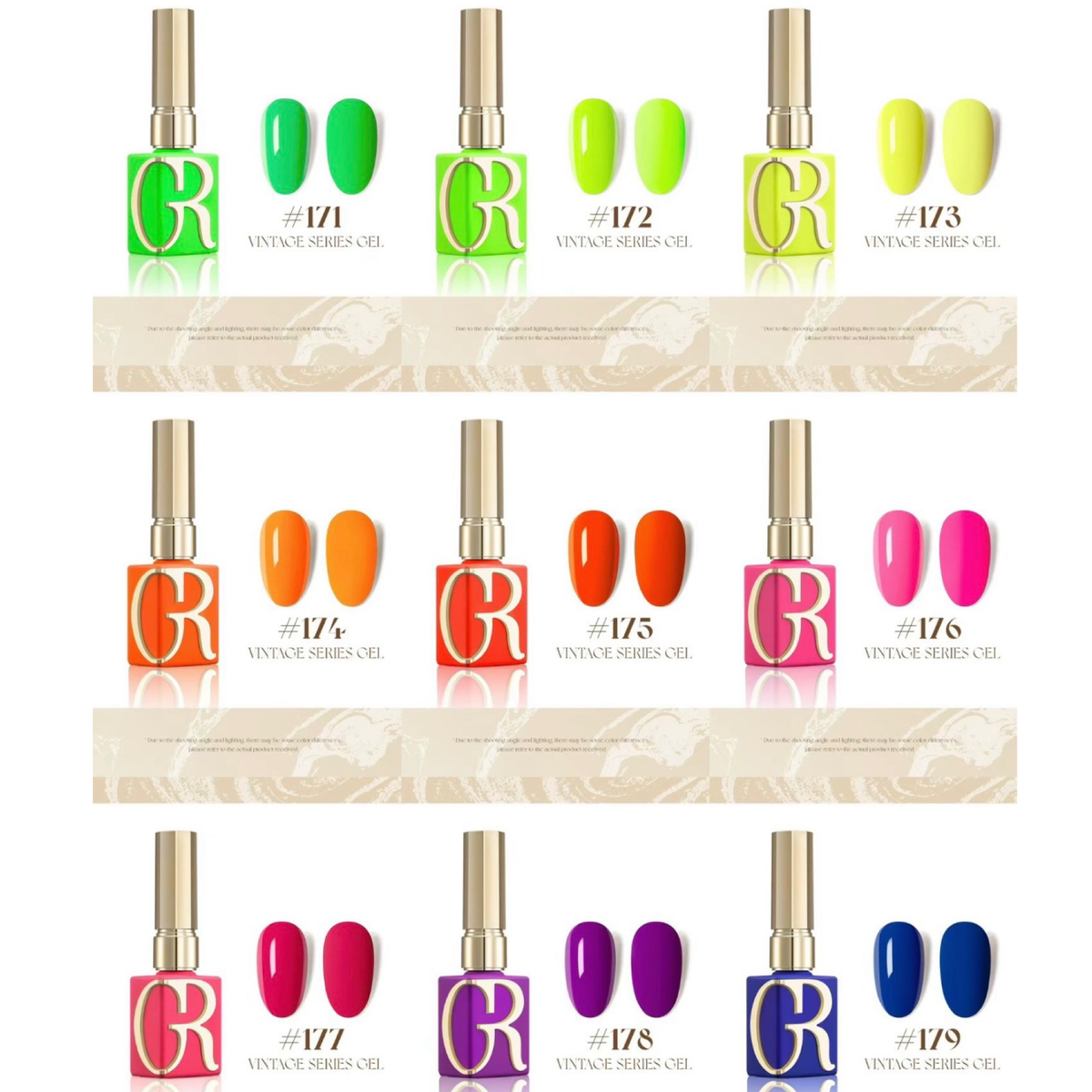 Citrus Crush Collection of 9 gel polish bottles with GR logo