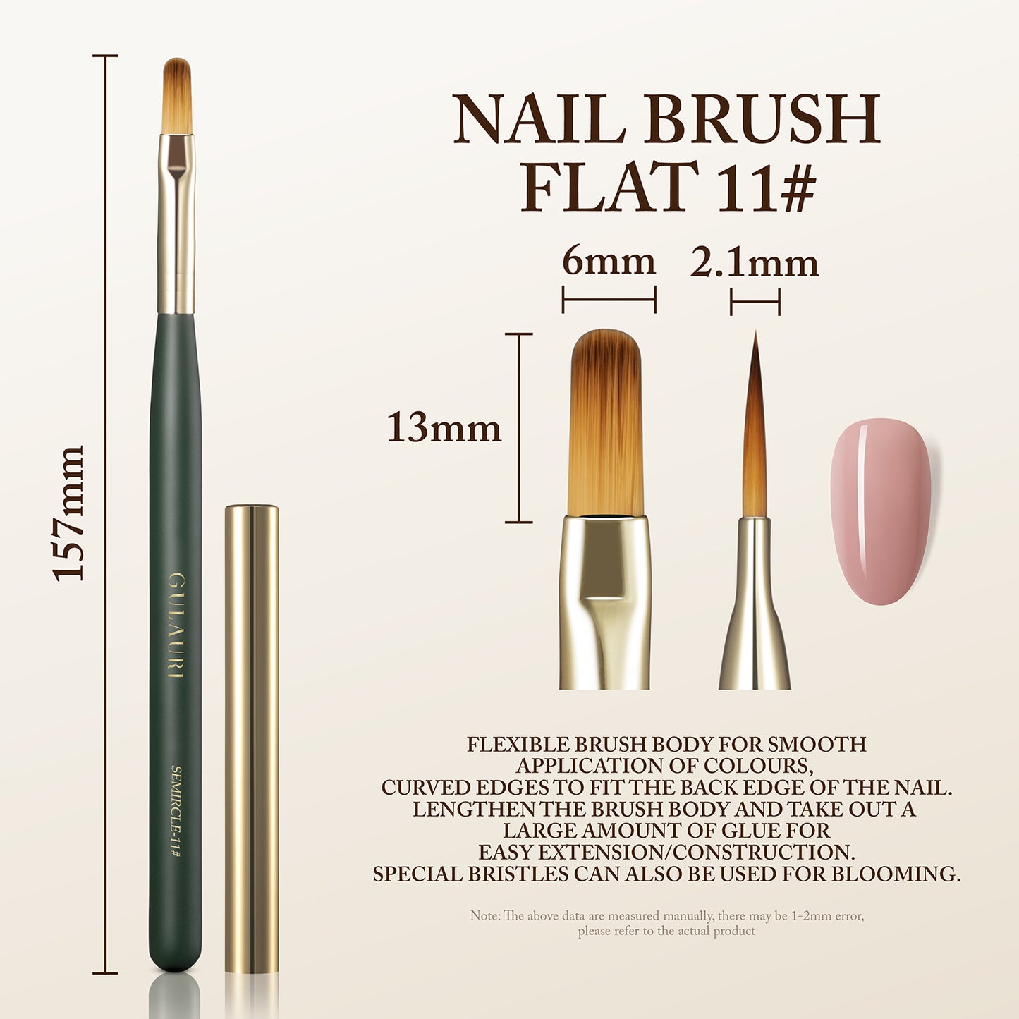 Flat Nail Brush 13mm Rounded Corners Gulauri #11